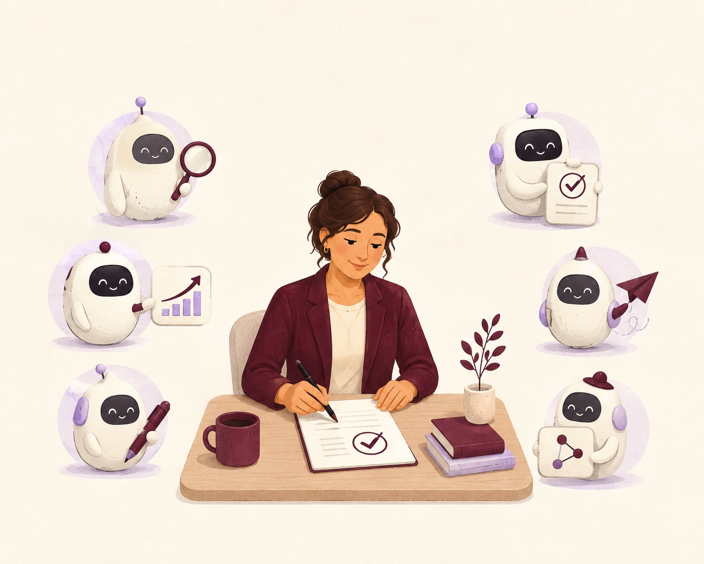 Ilustração de seis agentes de IA — análise, estratégia, redação, revisão, publicação e coordenação — ao redor de uma especialista humana acompanhando o conteúdo