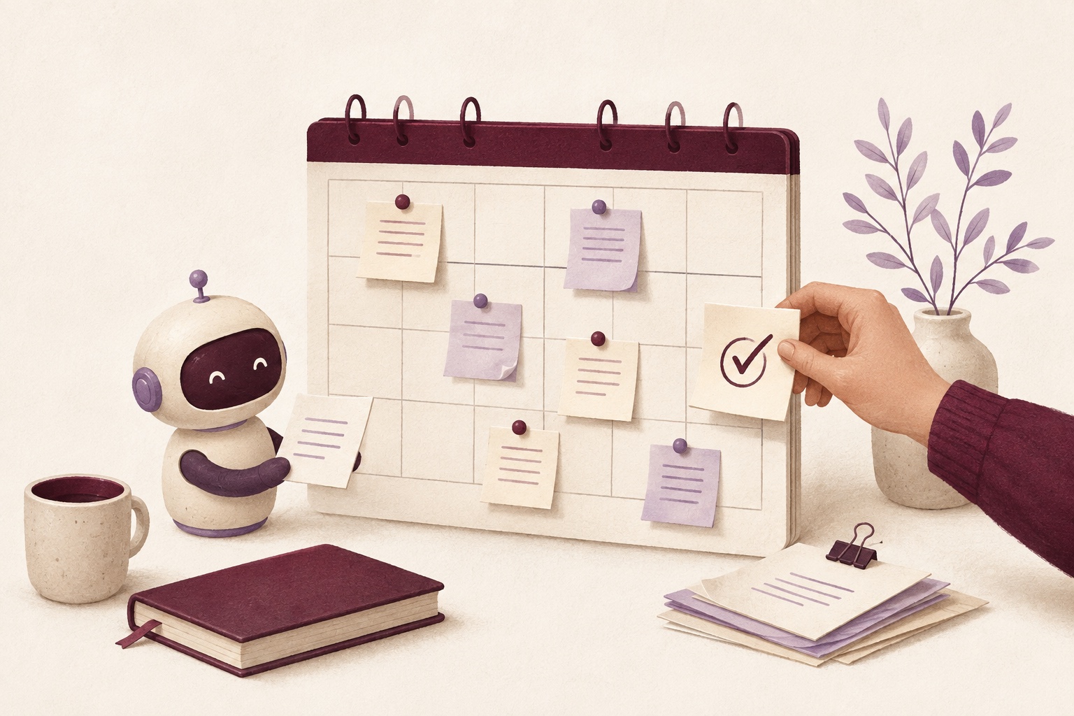 Ilustração de um agente de IA organizando um calendário de artigos, com direção humana